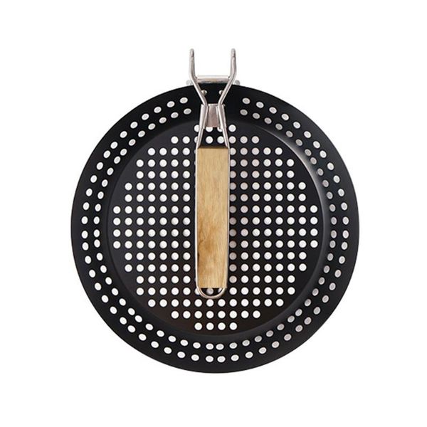 

pans kitchen tool round perforated seafood bbq frying folding handle outdoor camping baking pizza multifunctional non stick grill pan