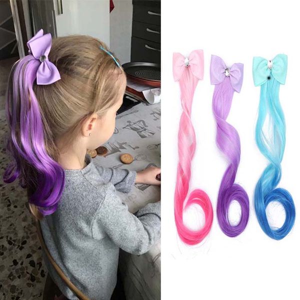 

cute children gradient bow hair clips headdress ponytail hair ropes baby girls new colorful wig pigtail elastic kids headwear, Slivery;white