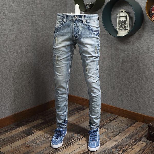 

italian style fashion men jeans light blue destroyed patchwork ripped jeans men elastic denim pants slim fit hip hop homme