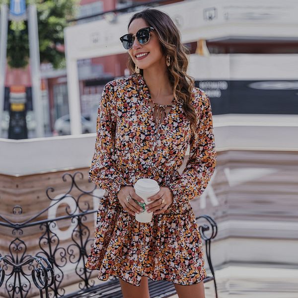 

2021 autumn winter full sleeve print casual ruffles floral above knee for women new elegant slim i77y, Black;gray