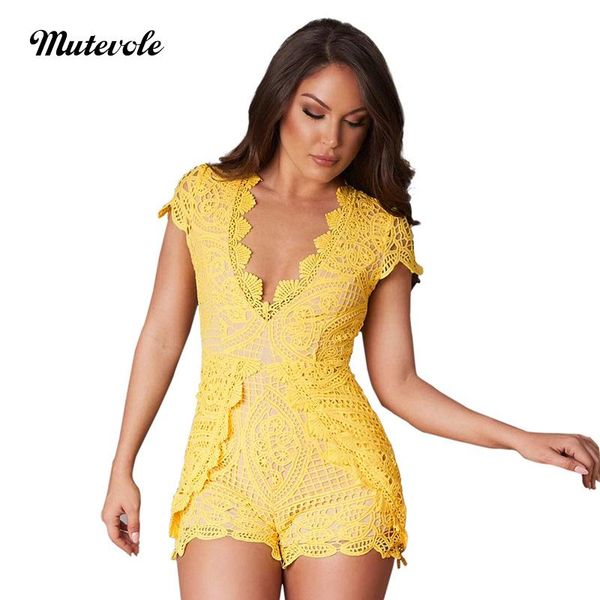 

women's jumpsuits & rompers mutevole summer hollow out short lace jumpsuit women deep v neck playsuit cap sleeve solid color patchwork, Black;white