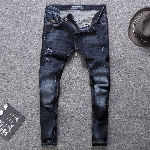 

2021 new fashion streetwear black blue italian classical men denim pants slim fit vintage designer jeans obfj