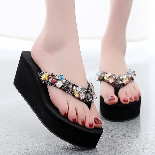 

2021 platform wedge heel 6cm women slippers flip flop rhinestone luxurious summer shoes comfortable slides, Black