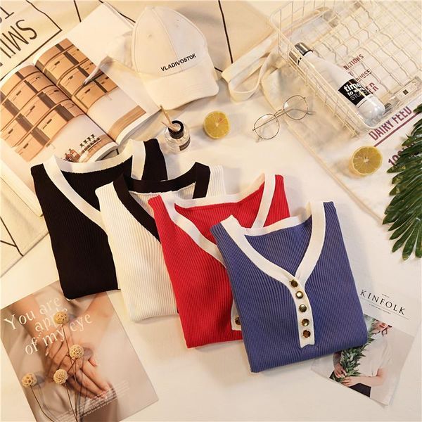 

v-neck buttoned up knitting women t-shirt with buttons ladies fashion solid t-shirt short sleeve 2021 summer tees women, White