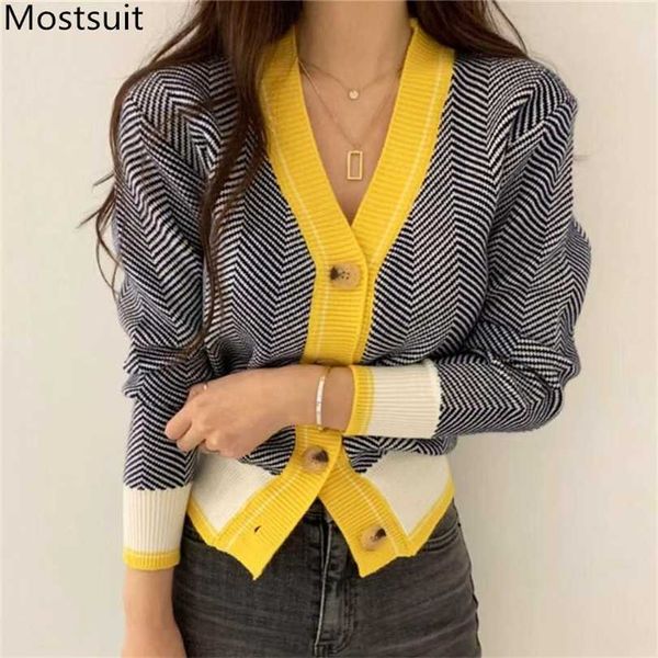 V-ausschnitt einreiher Koreanische Strickjacke Pullover Frauen Herbst Winter Farbe-blockiert Langarm Mode Elegante Damen Tops 211018