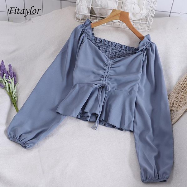 

fitaylor women blouse shirts 2021 spring autumn solid slash neck long sleeve short chiffon female casual, White