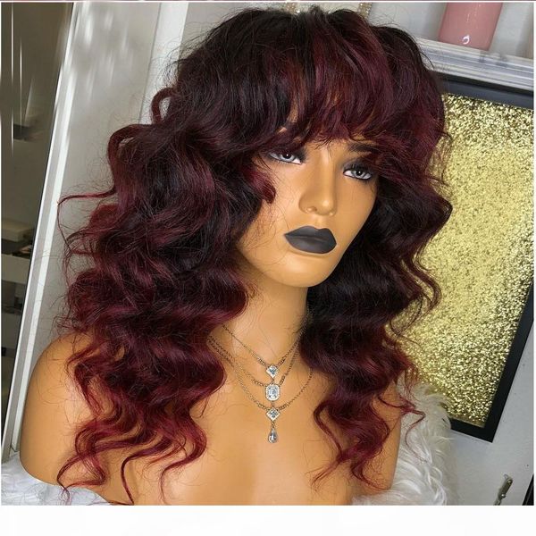 

body wave 99j burgundy ombre red 13x4 lace front human hair wigs with bangs pre plcuked brazilian remy fringe wig full lace wig, Black