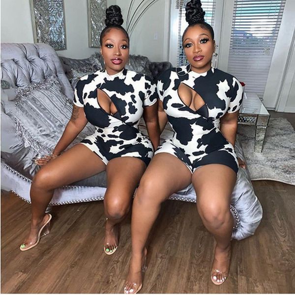 

women's jumpsuits & rompers 2021 short sleeve women bodysuit hollow out front zip up print jumpsuit tracksuit overalls bodycon biker sh, Black;white