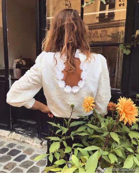 

womens french retro three dimensional embroidery daisy chiffon shirt lace back hollow chiffon shirt elegant temperament blouse, White
