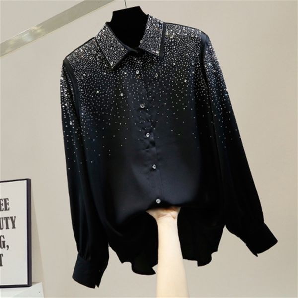 

diamond studded to the heavy hand embroidered piercing lapel release single-breasted sleeve long female temperamental shirt wlpi, White