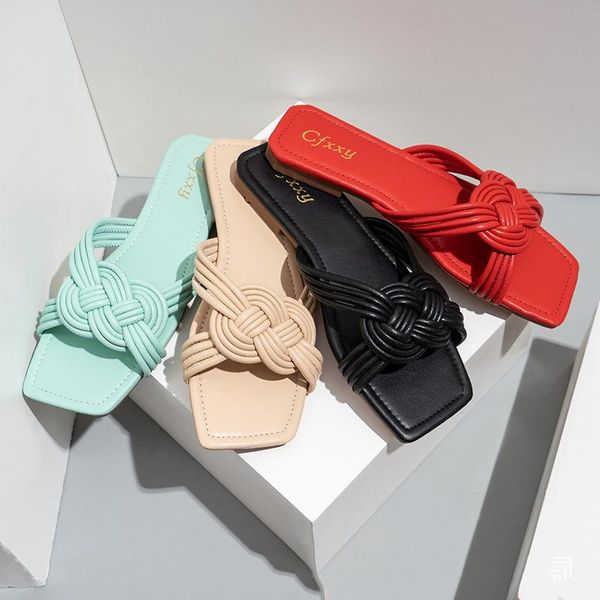 

slippers summer women weave chinese style safe knot design simplicity solid color flat shoes large size 42 flip flop, Black