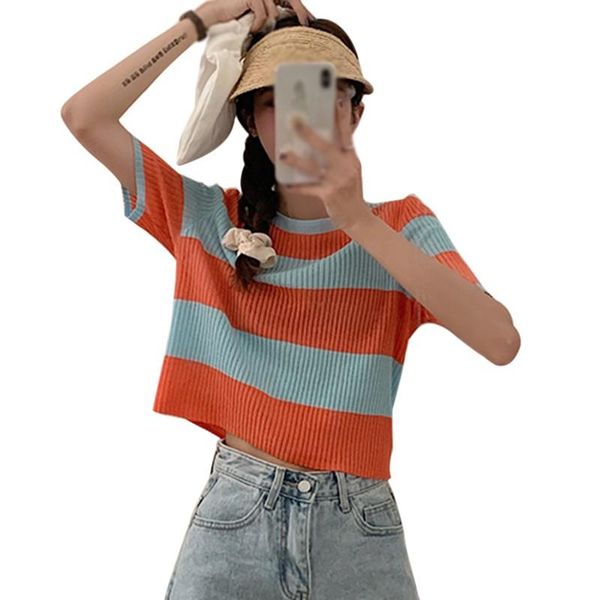 

2021 new women exposure navel tees women's korean style casual o neck color striped short sleeve slim knitted t-shirt, White