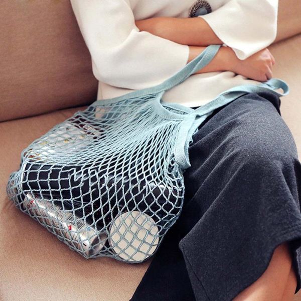 

storage bags reusable fruit string grocery shopper bag tote mesh woven net shoulder jy