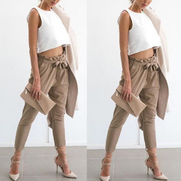 

women's pants & capris women causal solid ruffles pleated spring summer elastic waist mid ankle-length sashes pockets bow pant 2c0169, Black;white