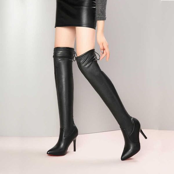 

boots pointed high heeled knee women's plush slim in autumn and winter 2021, Black