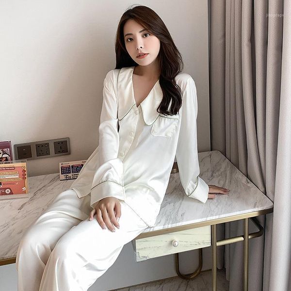 

spring princess collar silk satin pajama set couples long sleeve pants male sleepwear women men wedding nightwear homewear men's, Black;brown