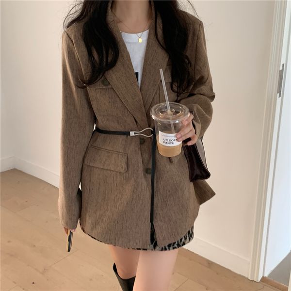 

2021 new outono inverno blazers jaqueta feminina com cinto entalhado senhora do escritrio outerwear inglaterra estilo slido cardigan s v, White;black