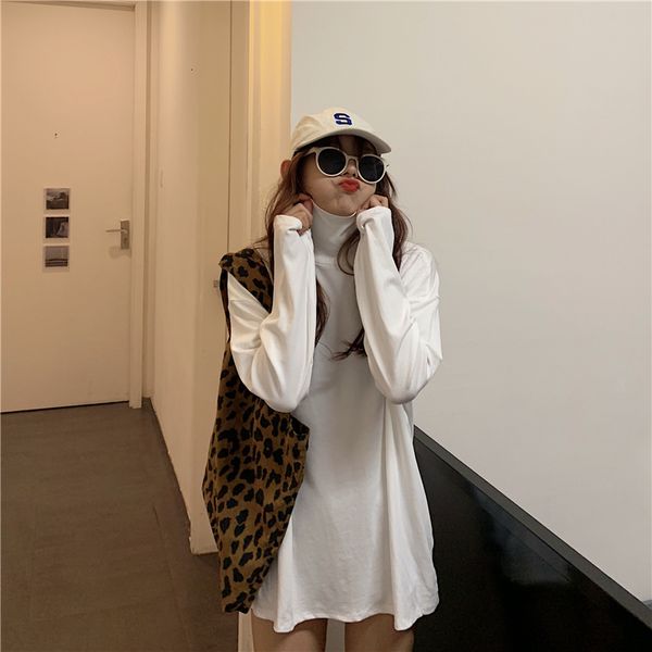 

autumn female solid-colored 2021 new turtleneck high design minority loose mid-length versatile shirt long sleeve 59dp, White