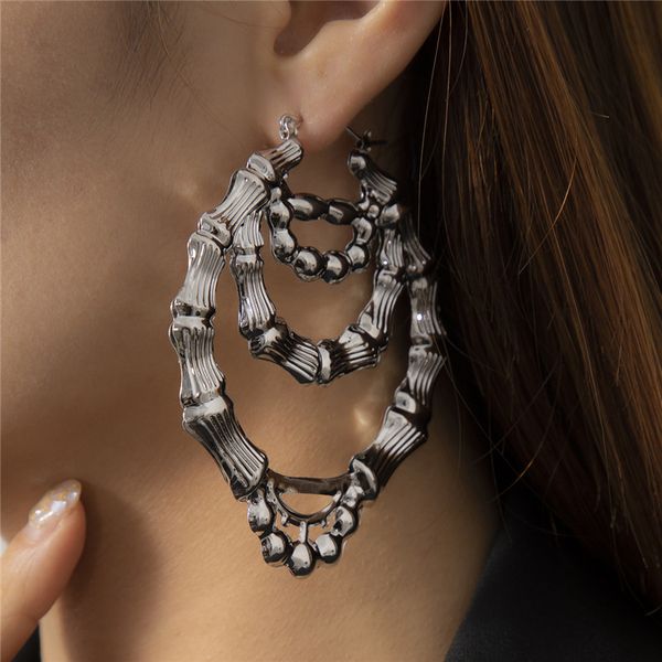 

geometric bamboo thread dangle earrings large hollow out gold stud earring european women business style suit ear drop jewelry accessories, Silver