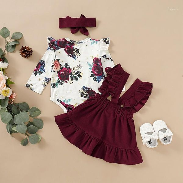 

toddler baby girls long sleeve floral romper bodysuit+suspender outfits fashion spring clothes dress clothing sets, White