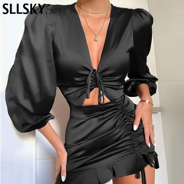 

sllsky women's satin dresses lace up ruffle hollow out long sleeve ruched mini dress fashion autumn 2021 new ladies clubwear, Black;gray