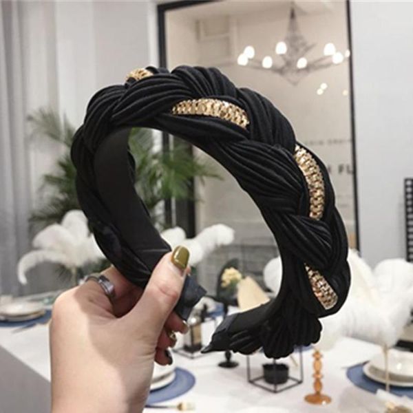 

hair accessories women black braids headband with metal chain adults vintage wide plain head band headwear hairband solid