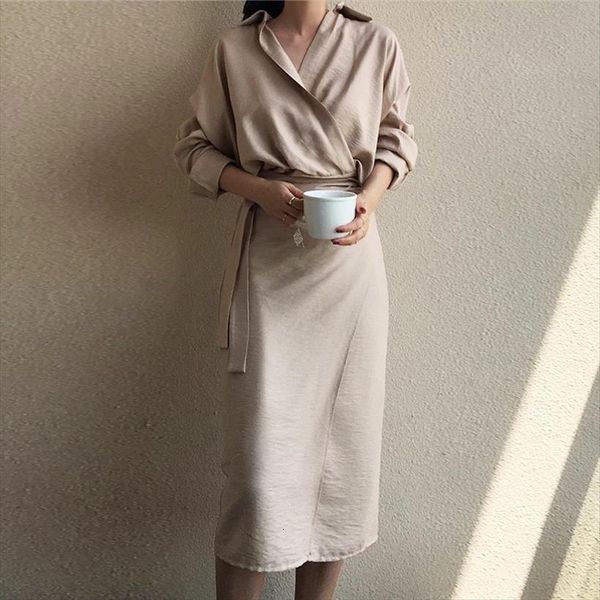 

Casual V Neck Solid Womens Dresses Midi Wrap Lace Up High Waist Full Female Retro Blusas Vestido Mujer, Black;gray