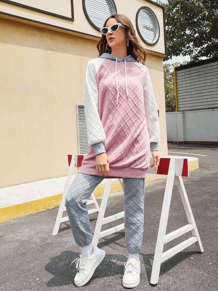 

colorblock textured knit raglan sleeve hoodie & sweatpants set v1zr#, White