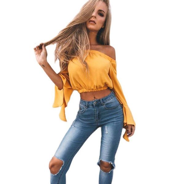 

butterfly sleeve crop t shirt women off shoulder solid tshirt woman plus size summer high street female tee ladies, White