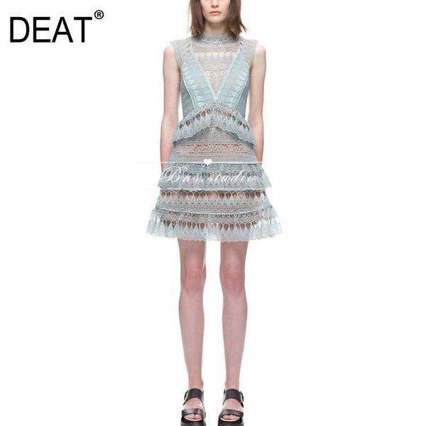 

[deat] summer fashion round neck hollow out lace sleeveless solid color temperament a-line dress women 13d002 210527, Black;gray