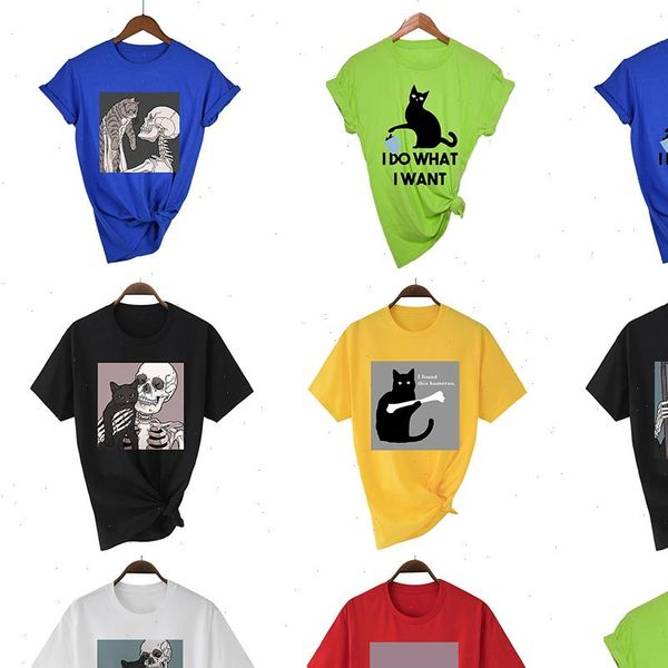 

skeletons and cats tshirt ropa mujer retro art print tee t shirt color hipster street style colorful oversize t women, White