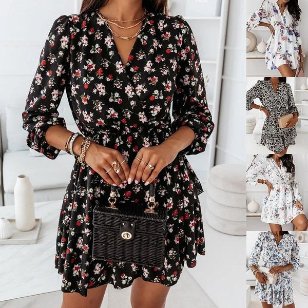 

casual dresses elegant fashion women chiffon 2021 autumn flower leopard floral print loose waist slim v-neck hem a-line mini dress, Black;gray