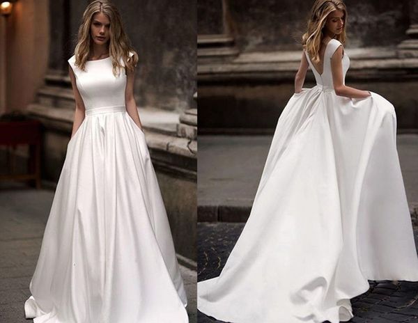 

2021 new es with pocket vestido de novia satin white bridal sweep train wedding gown 0ctf