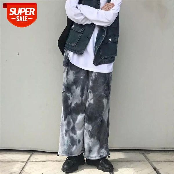 

pocket cargo pants bf style cool girl autumn dark street hip-hop tie-dye wide-leg loose straight leg adjustable foot trousers #3i0r, Black;white
