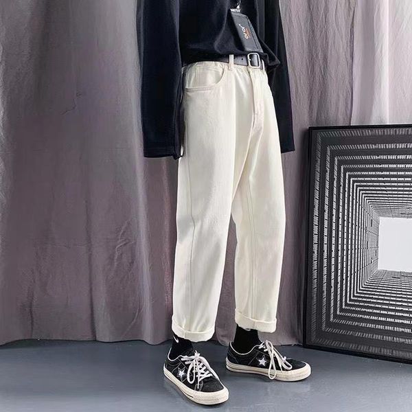 

men's jeans 2021 fashion trend loose white simple casual pants solid color retro style straight denim trousers size s-3xl, Blue