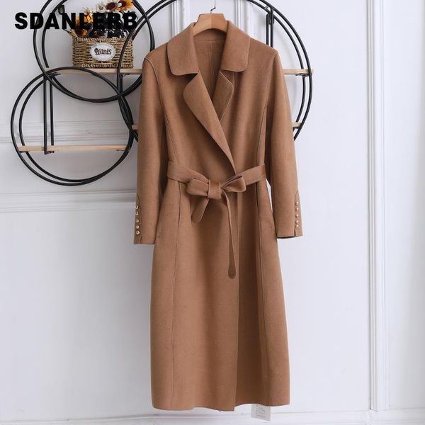 

women's wool & blends woolen coat for women hepburn style suit collar waist-controlled slimming long sleeve mid-length trench with belt, Black