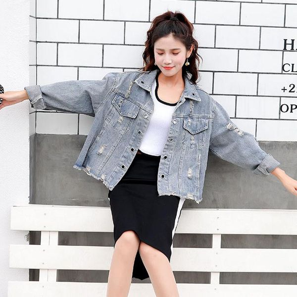 

women's jackets loose denim jacket 2021 spring short paragraph hole women student long sleeve jeans outwear female, Black;brown