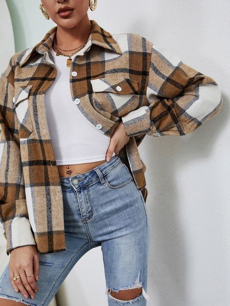 

plaid flap pocket blouse u7i1#, White