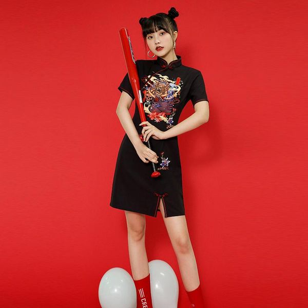 

ethnic clothing chinese traditional dress fashion black short cheongsam dresses plus size retro sweet casual qipao modern red p543