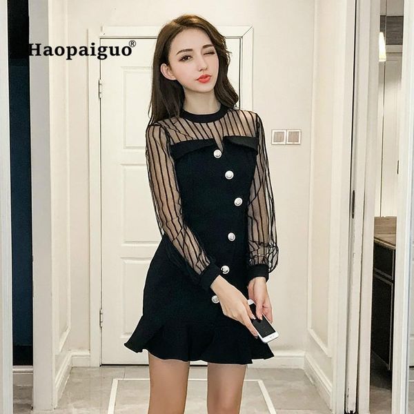 

casual dresses plus size solid mermaid dress 2021 women black striped full sleeve o-neck office party mini elegant ladies button, Black;gray