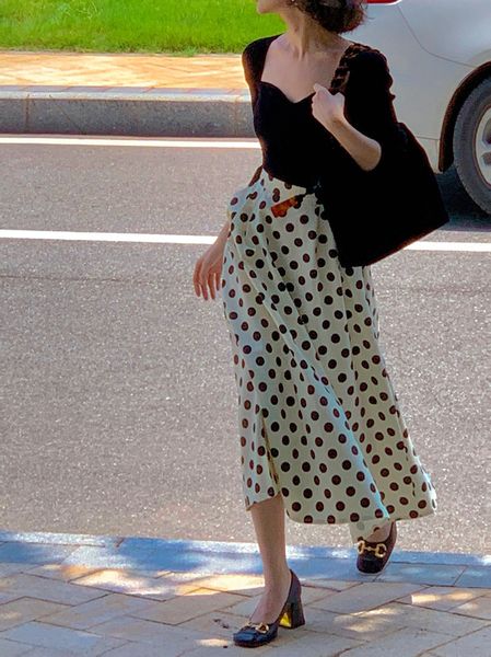 

skirts wine afternoon french 2021 early autumn hepburn umbrella feminine high waist a-shaped wave point skirt, Black
