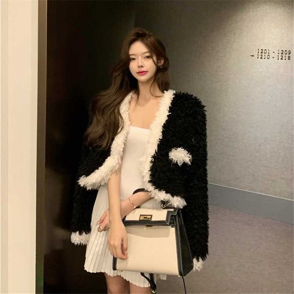 

women's wool coat autumn winter contrast short cardigan warm fake fur +vintage knitted tube dress 2 piece suit 211220, Black