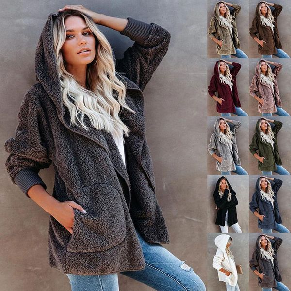 

2021 new women plus size womens fur coat hooded fluffy autumn winter warm outerwear jacket with fur for women solid jackets, Black;brown