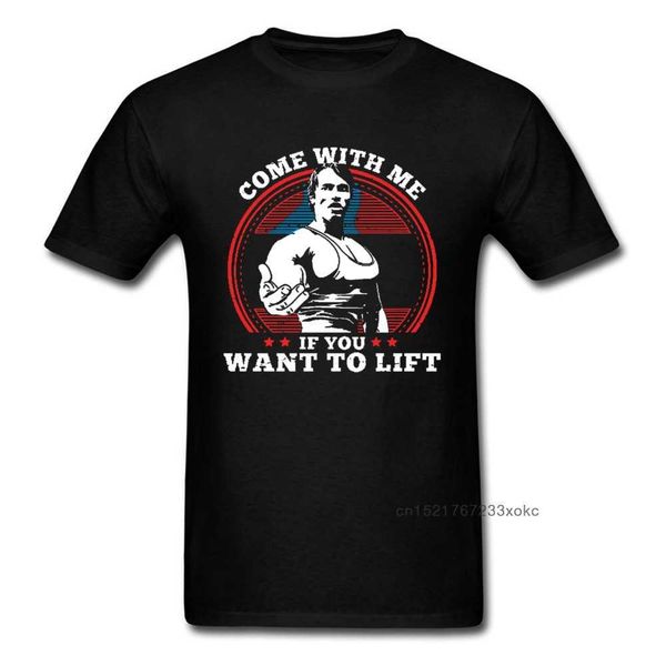 

retro character t-shirt for men 100% cotton mens tshirt arnold schwarzenegger come with me if you want to lift tees fitness 210629, White;black