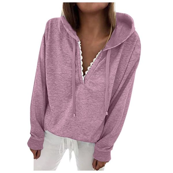 

women's hoodies & sweatshirts 40# solid color pullover sweatshirt lace women casual drawstring v neck elegant warm korean style hooded, Black
