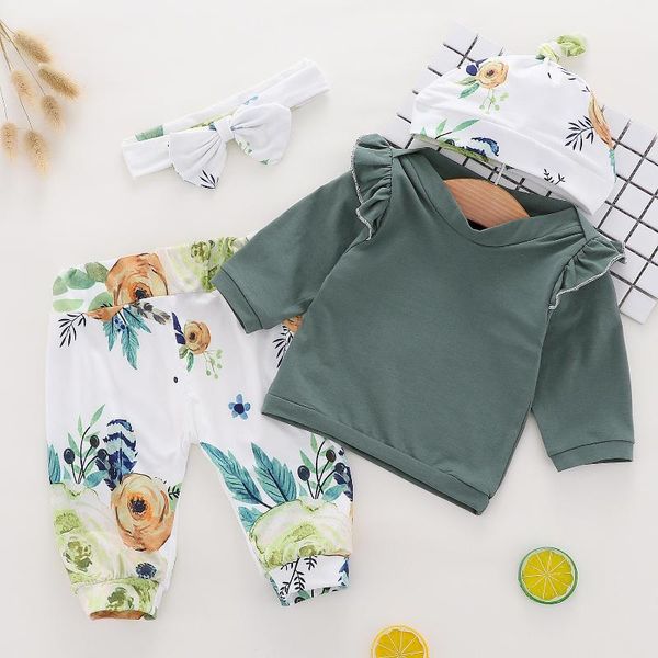 

clothing sets 4pcs born baby girl set floral shirts pants costume fashion, White