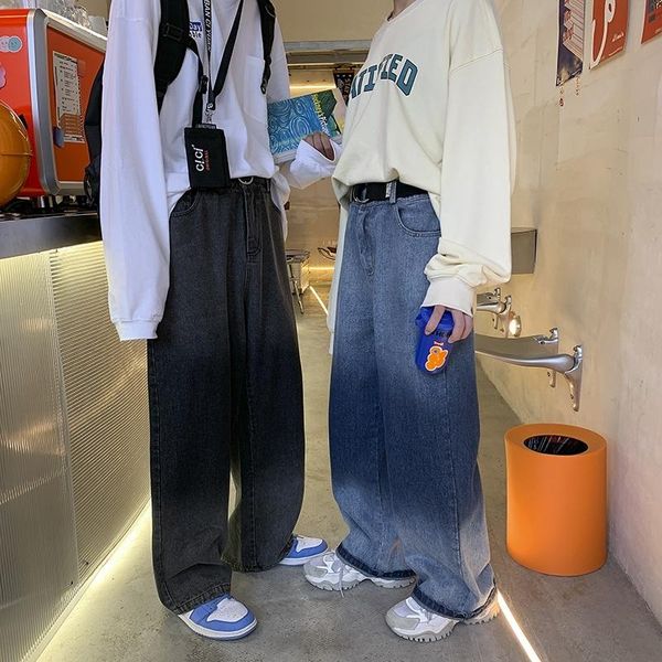 

men's jeans autumn cotton wide-leg fashion casual gradient baggy men streetwear loose hip-hop straight denim trousers mens, Blue