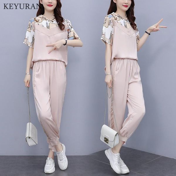 

women's two piece pants summer oversize tracksuits casual pantsuit set short sleeve print hooded fashion sportswear calf-length outfit, White