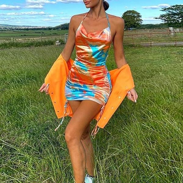 

casual dresses dulzura tie dye satin women mini dress drawstring ruched bandage lace up strap bodycon party 2021 summer clothes club, Black;gray