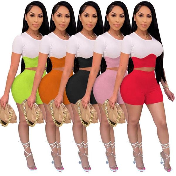

women's tracksuits high elastic ribbed knit sportwear suits casual 2 piece outfits color block patchwork short sleeve sporty skinny sho, Gray